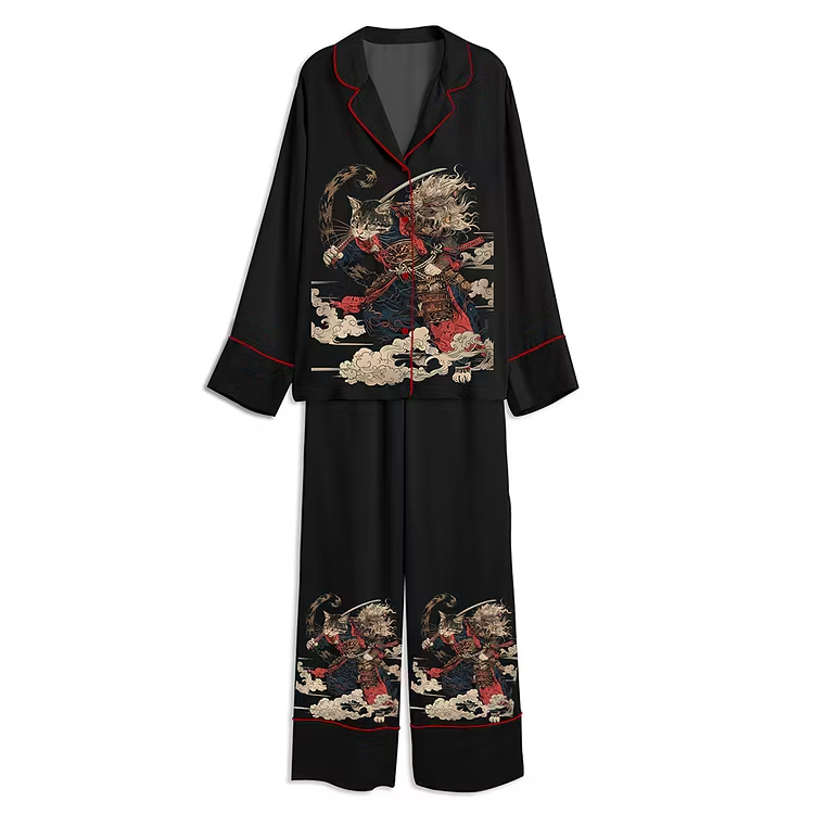 Cat Samurai Unisex Long Sleeve Satin Pajama Set