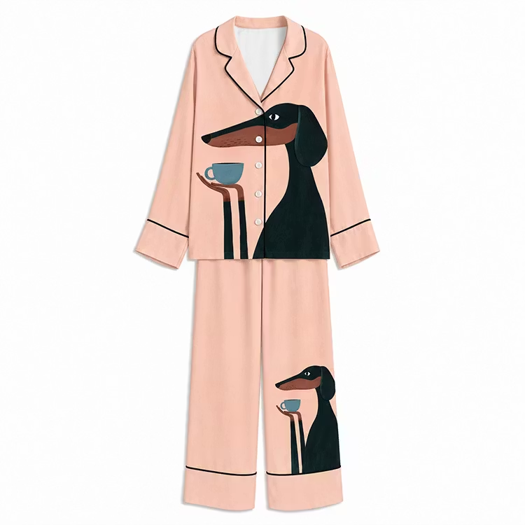 Coffee Butler Dachshund Blush Pink Unisex Long Sleeve Silky Satin Pajama Set