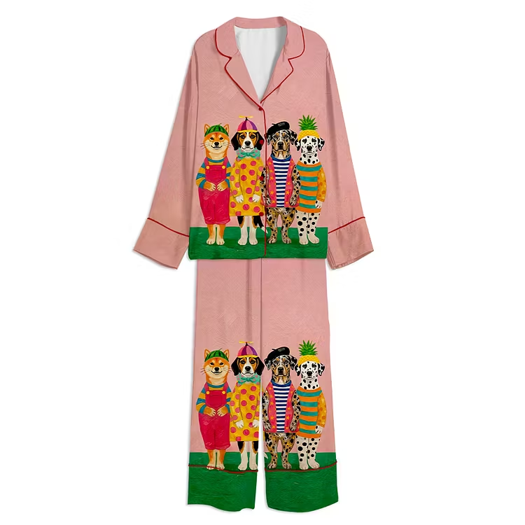 Colorful Dogs Funky Dog With Hat Unisex Long Sleeve Silky Satin Pajama Set