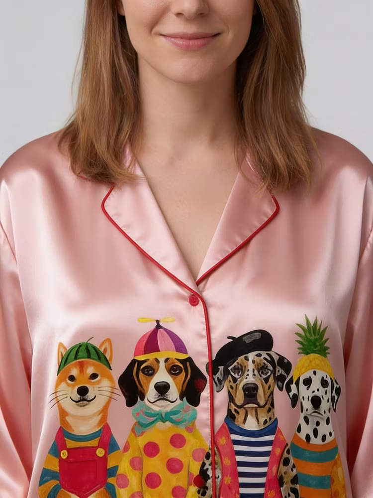 Colorful Dogs Funky Dog With Hat Unisex Long Sleeve Silky Satin Pajama Set