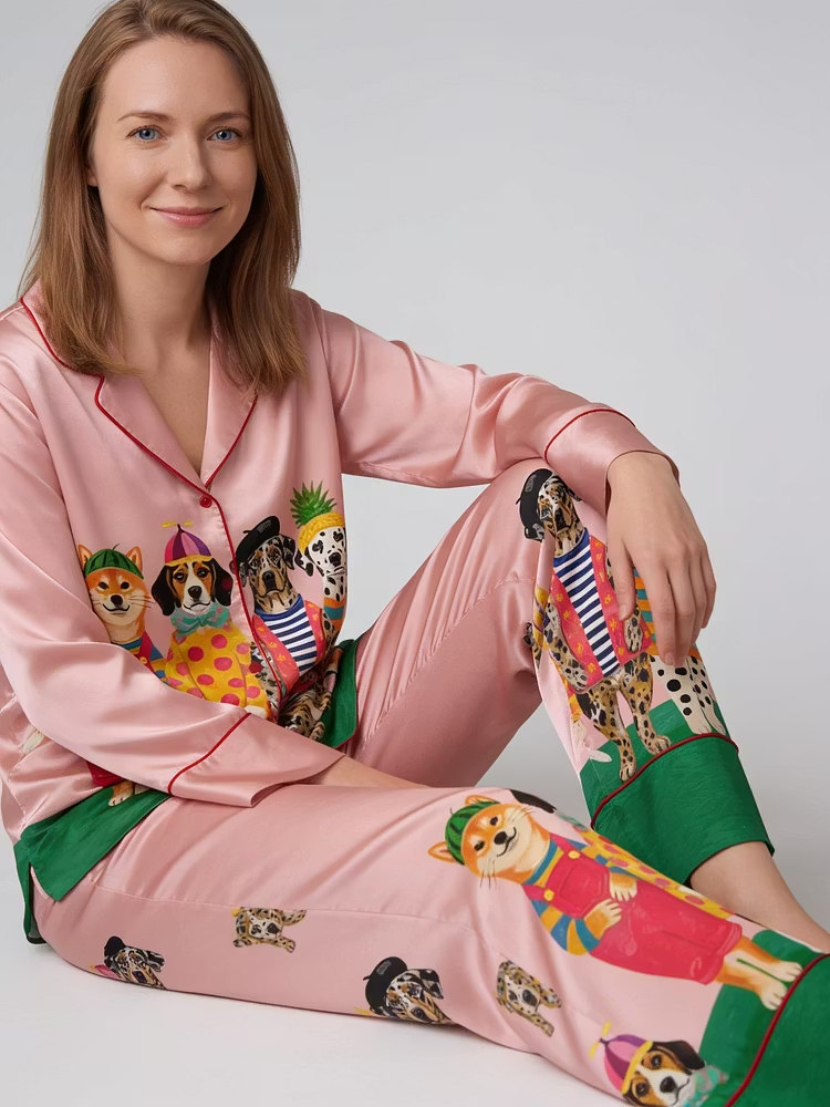 Colorful Dogs Funky Dog With Hat Unisex Long Sleeve Silky Satin Pajama Set