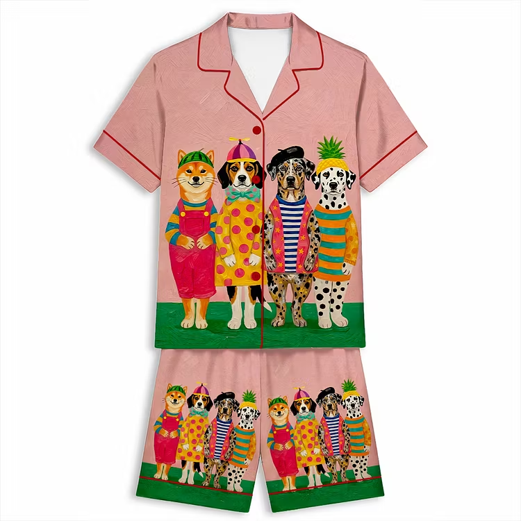 Colorful Dogs Funky Dog With Hat Unisex Short Sleeve Silky Satin Pajama Set