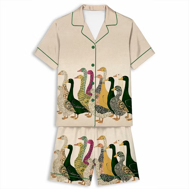 Colorful Folk Style Duck Unisex Short Sleeve Satin Pajama Set