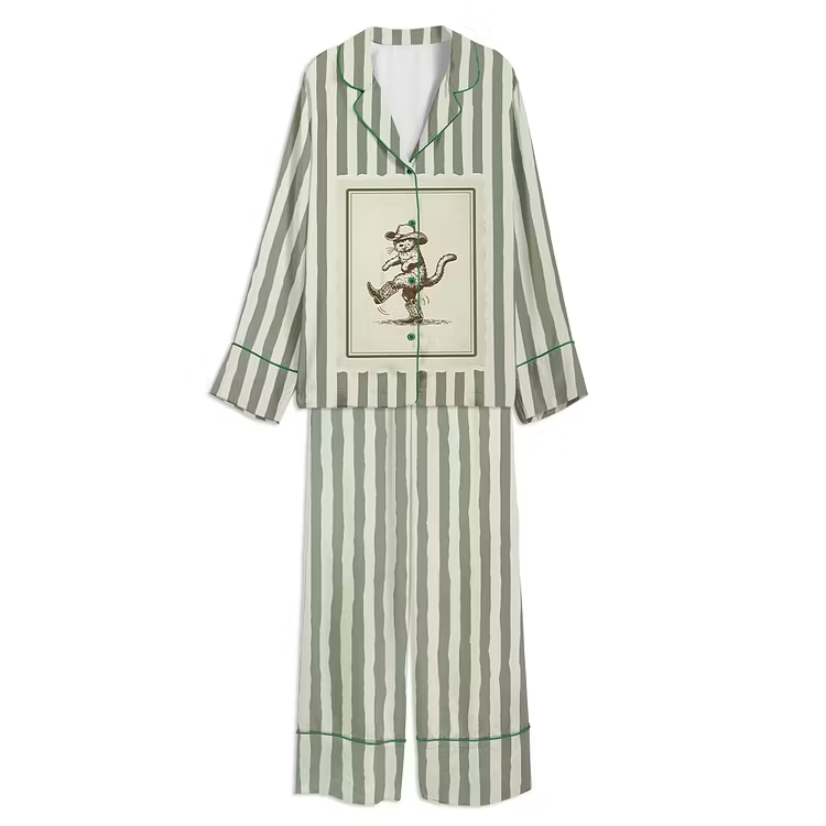 Cowboy Cat Vintage Western Unisex Long Sleeve Satin Pajama Set