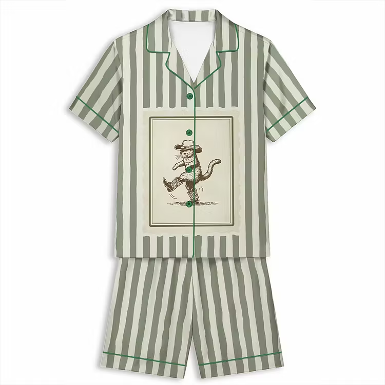 Cowboy Cat Vintage Western Unisex Short Sleeve Satin Pajama Set