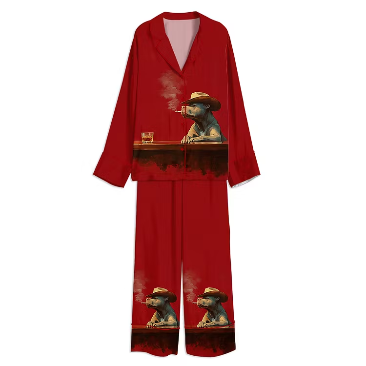 Cowboy Pitbull Smoking Unisex Long Sleeve Silky Satin Pajama Set