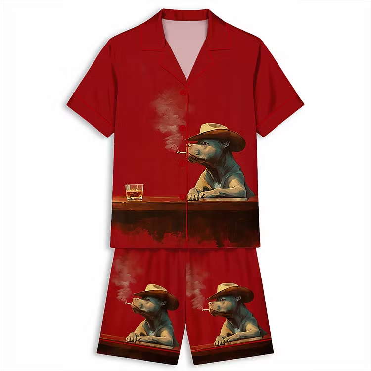 Cowboy Pitbull Smoking Unisex Short Sleeve Silky Satin Pajama Set