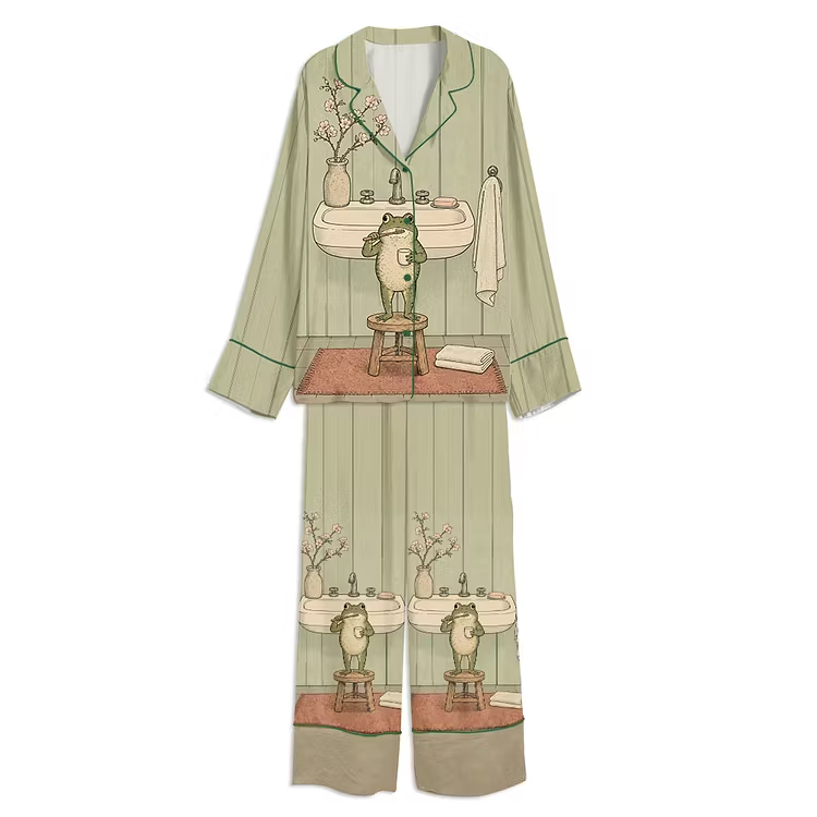Cute Cartoon Frog Brushing Teeth Bathroom Art Print Unisex Long Sleeve Silky Satin Pajama Set