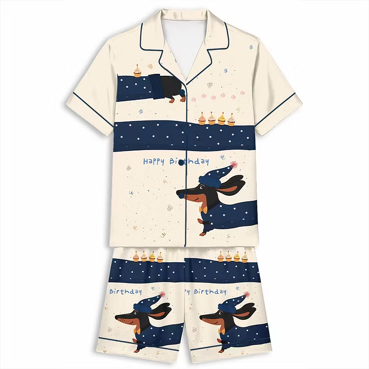 Dachshund Birthday Party Cute Dog Lovers Unisex Short Sleeve Silky Satin Pajama Set