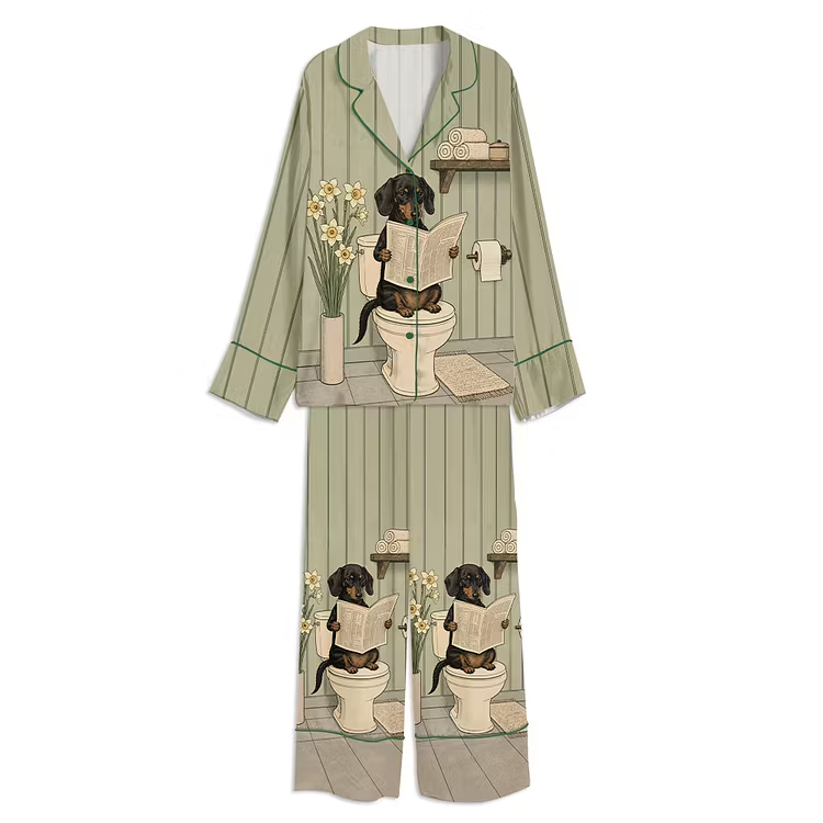 Dachshund Daily Funny Dog Bathroom Reading Print Unisex Long Sleeve Silky Satin Pajama Set