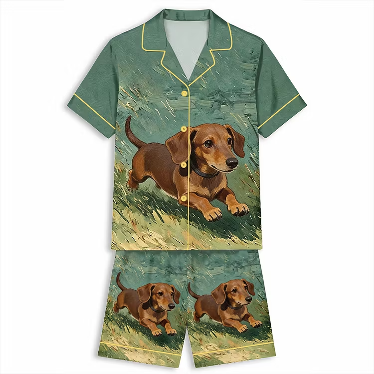 Dachshund Dog Running In Grass Unisex Short Sleeve Silky Satin Pajama Set