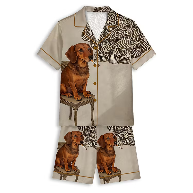Dachshund Smoking A Cigarette Unisex Short Sleeve Satin Pajama Set