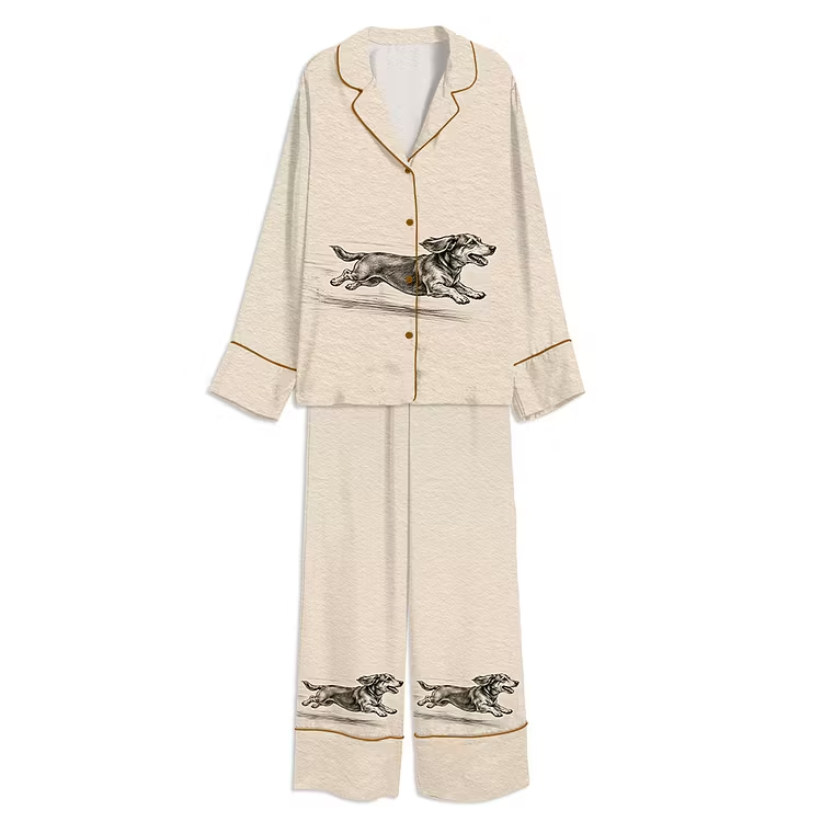 Dachshund Vintage Dog With Zoomies Unisex Long Sleeve Silky Satin Pajama Set