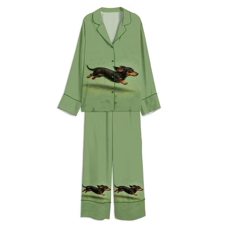 Dachshund With Zoomies Rustic Pet Weenie Unisex Long Sleeve Silky Satin Pajama Set
