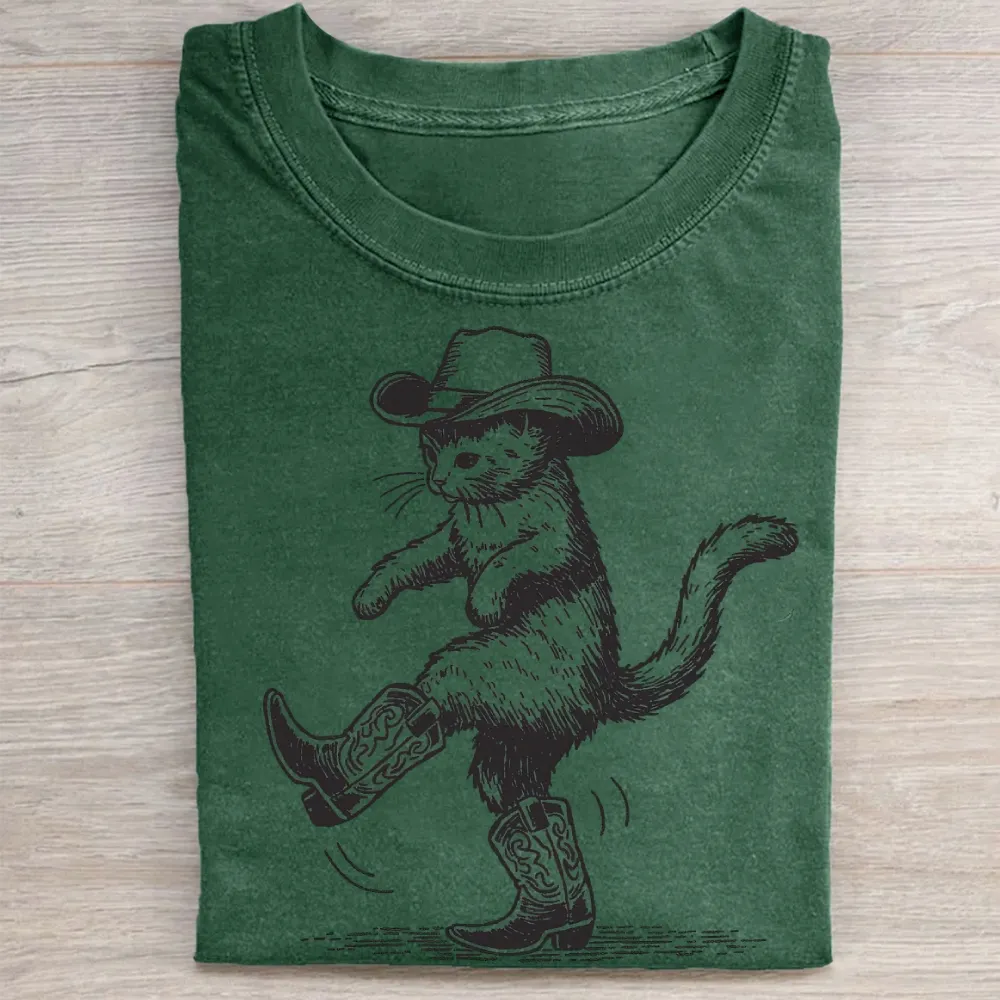 Dancing Cowboy Cat Western Vintage Washed Tee