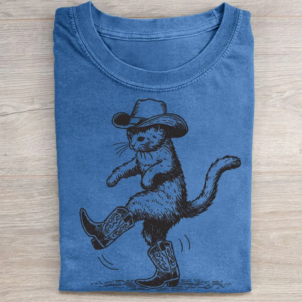 Dancing Cowboy Cat Western Vintage Washed Tee