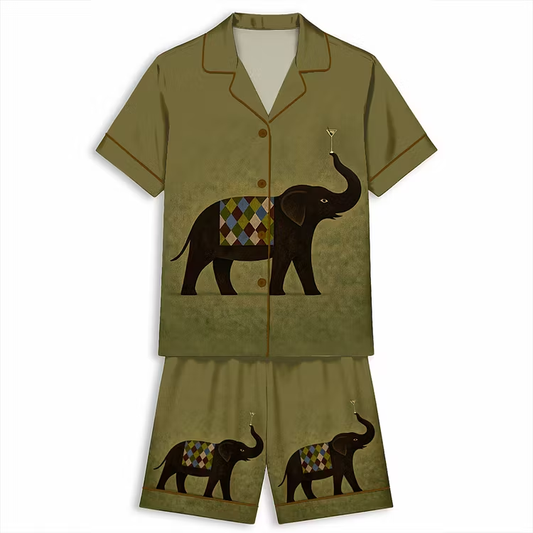 Elephant With Martini Unisex Short Sleeve Silky Satin Pajama Set