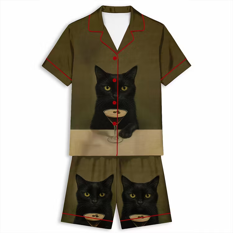 Espresso Martini Cat Funny Black Cat Unisex Short Sleeve Satin Pajama Set