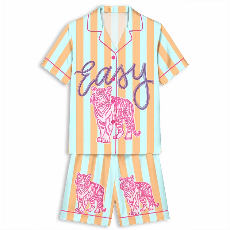 Everyday Easy Tiger Summer Bay Coastal Unisex Short Sleeve Silky Satin Pajama Set