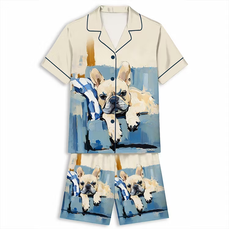 French Bulldog Oil Painting On Blue Sofa Unisex Short Sleeve Silky Satin Pajama Set