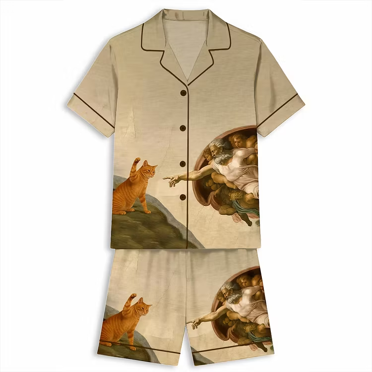 Funny Cat Michelangelo Parody Humorous Renaissance Meme Unisex Short Sleeve Satin Pajama Set