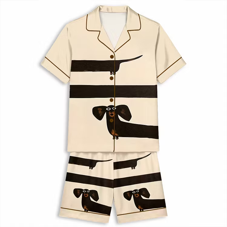 Funny Dachshund Cute Dog Lover Unisex Short Sleeve Silky Satin Pajama Set