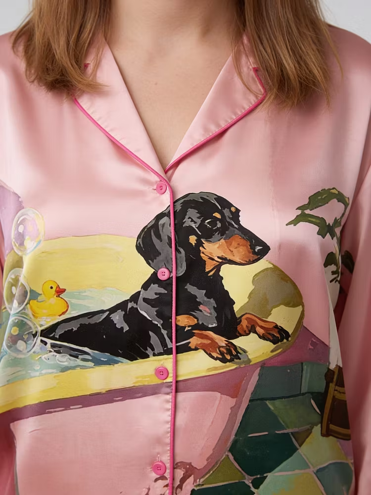 Funny Dachshund Pastel Bathroom Art Unisex Long Sleeve Silky Satin Pajama Set