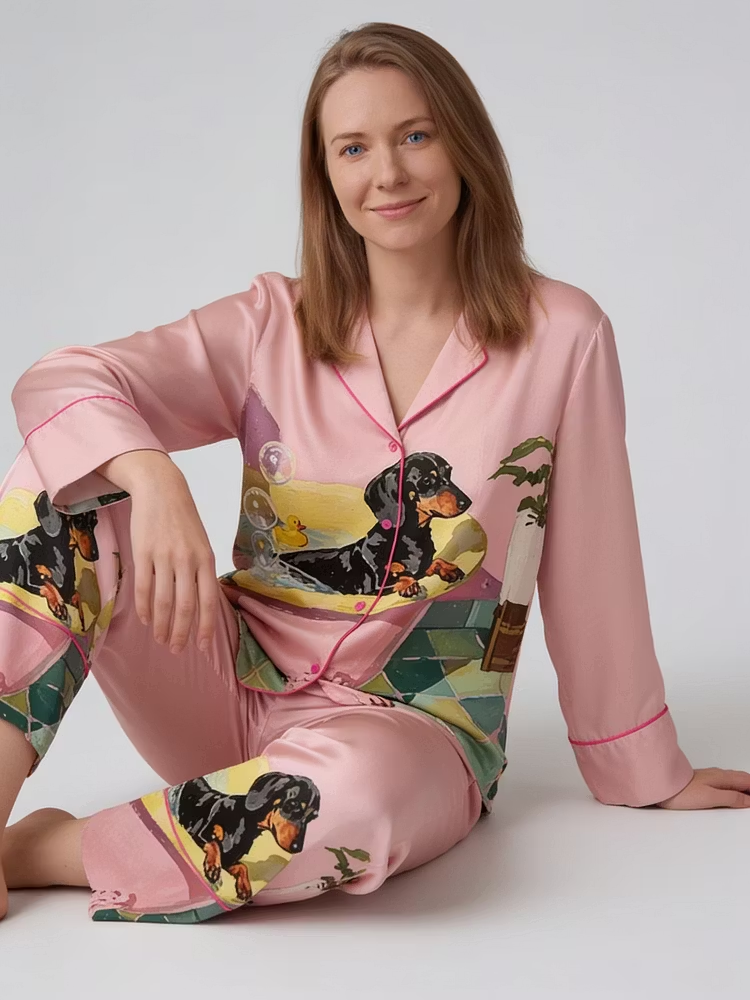 Funny Dachshund Pastel Bathroom Art Unisex Long Sleeve Silky Satin Pajama Set