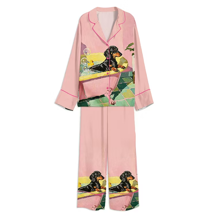 Funny Dachshund Pastel Bathroom Art Unisex Long Sleeve Silky Satin Pajama Set
