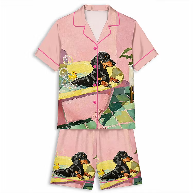 Funny Dachshund Pastel Bathroom Art Unisex Short Sleeve Silky Satin Pajama Set