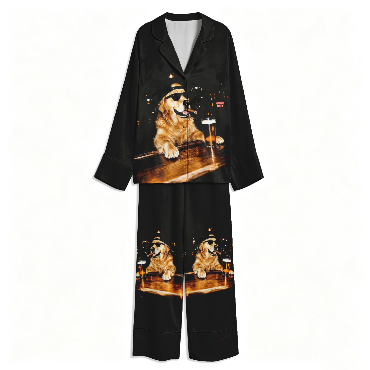 Funny Golden Retriever Drinking Beer Unisex Long Sleeve Satin Pajama Set