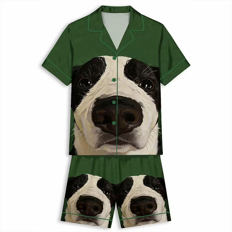 Funny Puppy Close-Up Cute Dog Nose Art Unisex Short Sleeve Silky Satin Pajama Set