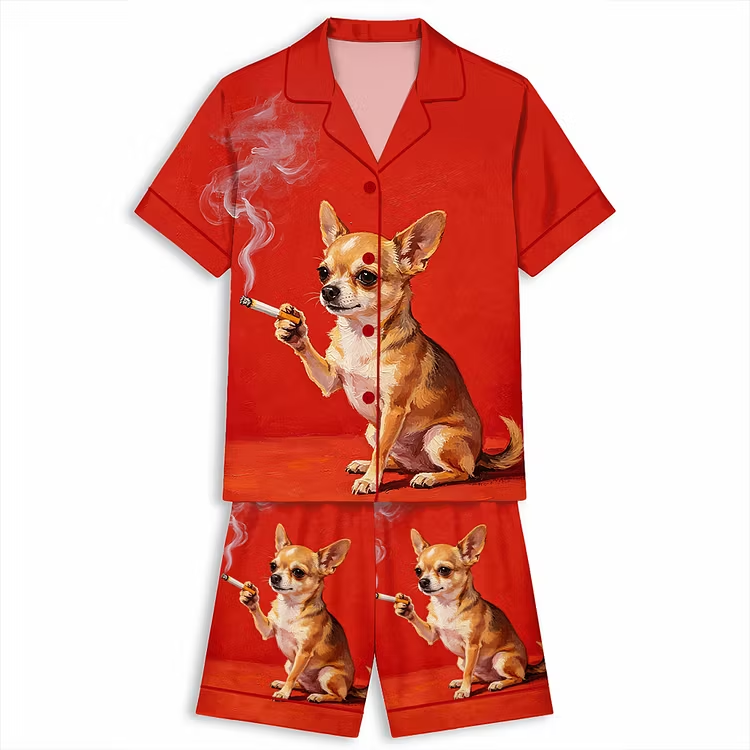 Funny Smoking Chihuahua Dog Lovers Unisex Short Sleeve Silky Satin Pajama Set