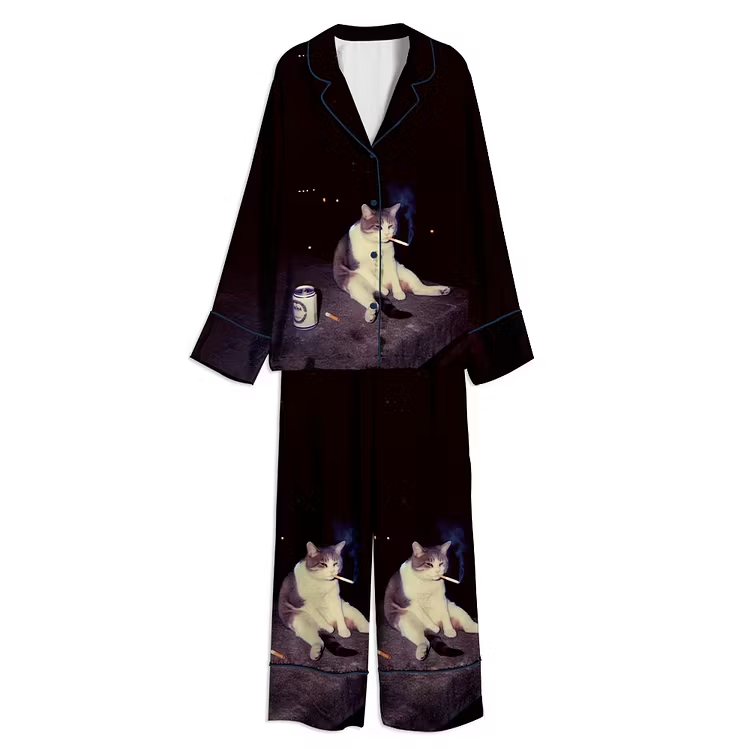 Funny Smoking Cigarette Cat Unisex Long Sleeve Satin Pajama Set