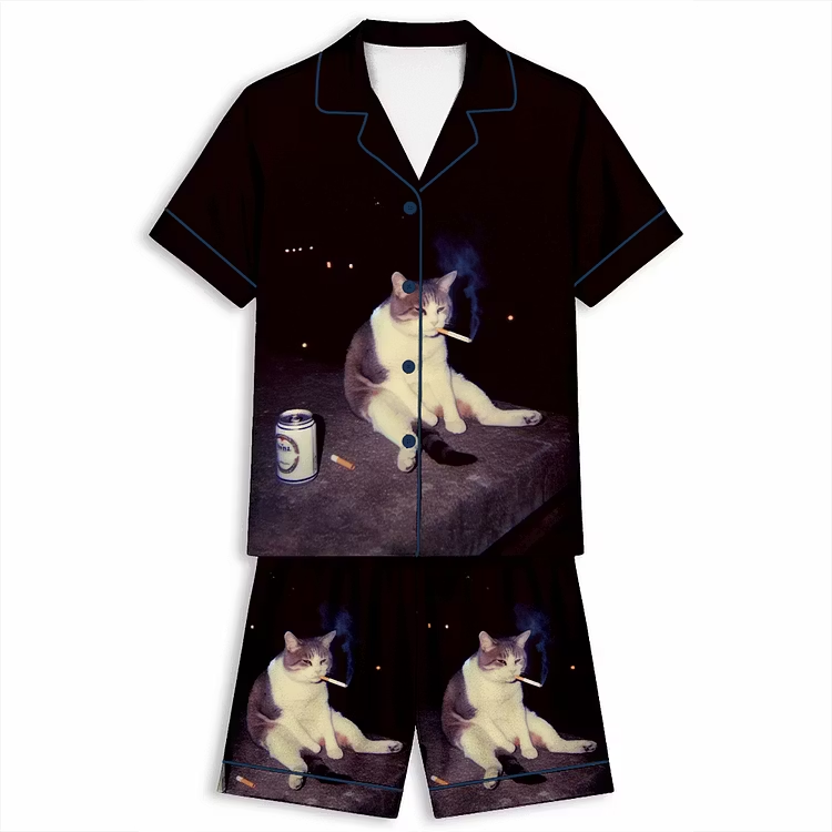 Funny Smoking Cigarette Cat Unisex Short Sleeve Satin Pajama Set