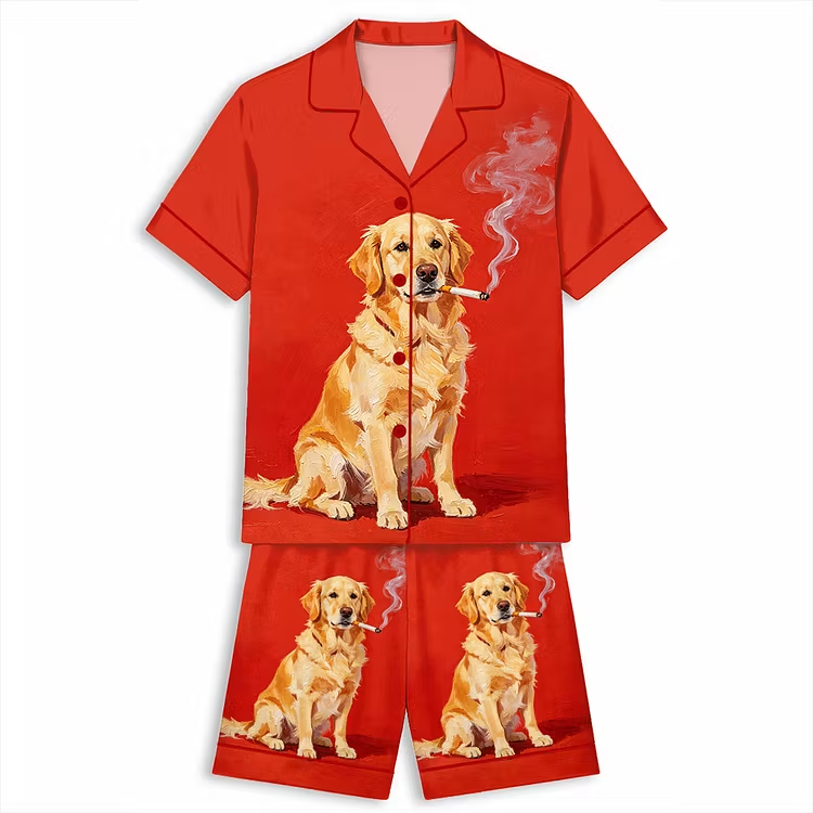 Funny Smoking Golden Retriever Dog Lovers Unisex Short Sleeve Silky Satin Pajama Set