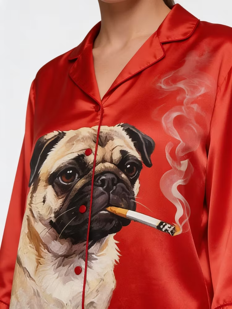 Funny Smoking Pug Dog Lovers Unisex Long Sleeve Silky Satin Pajama Set