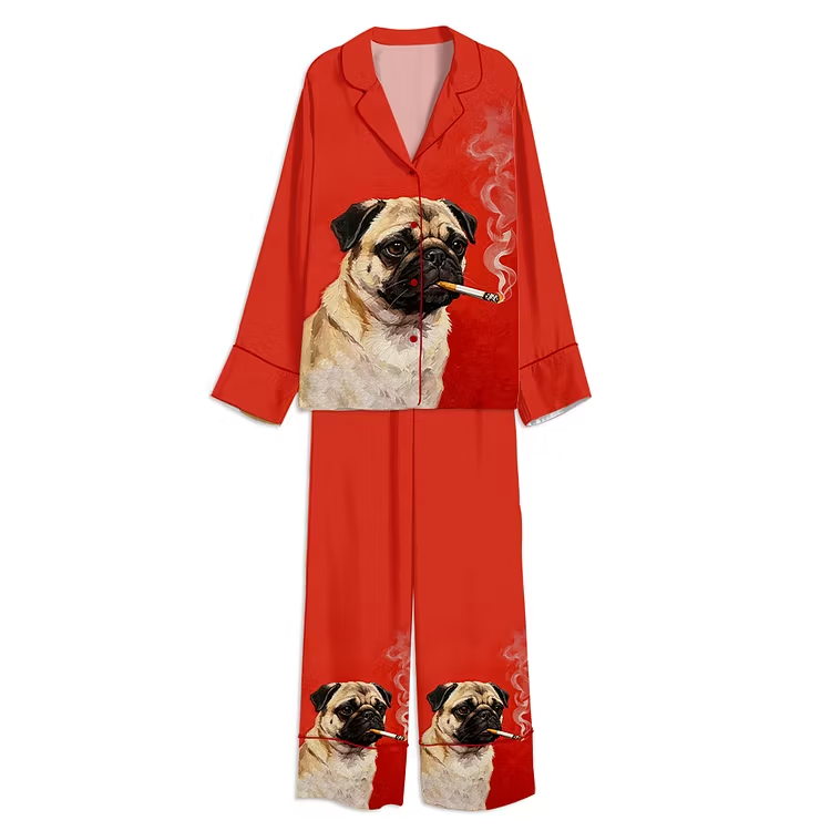 Funny Smoking Pug Dog Lovers Unisex Long Sleeve Silky Satin Pajama Set