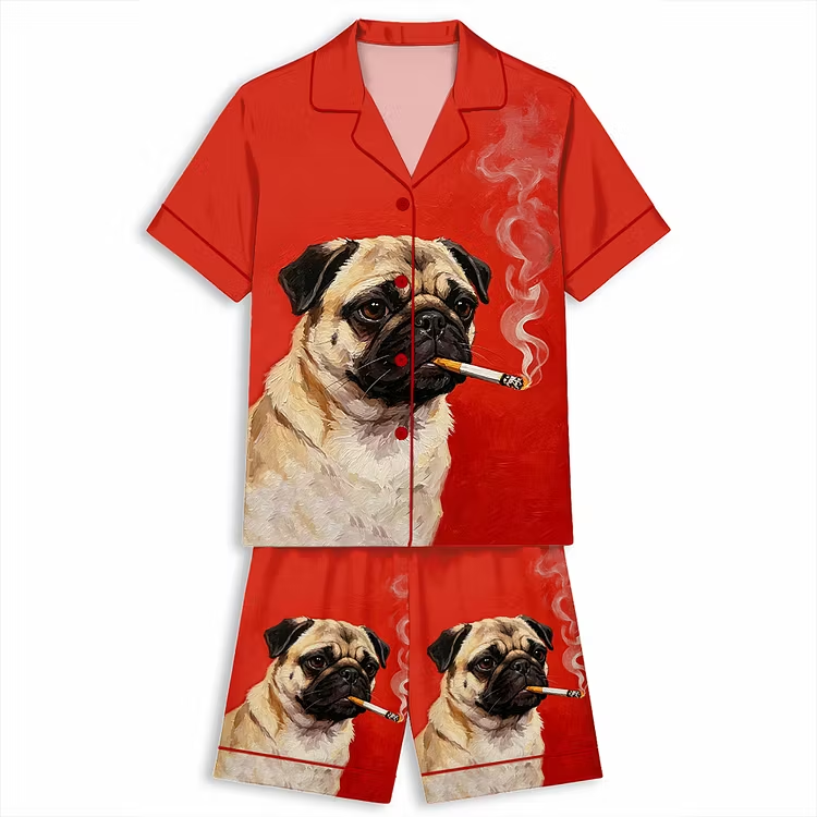 Funny Smoking Pug Dog Lovers Unisex Short Sleeve Silky Satin Pajama Set
