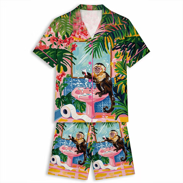 Funny Tropical Monkey Bathroom Art Print Unisex Short Sleeve Silky Satin Pajama Set