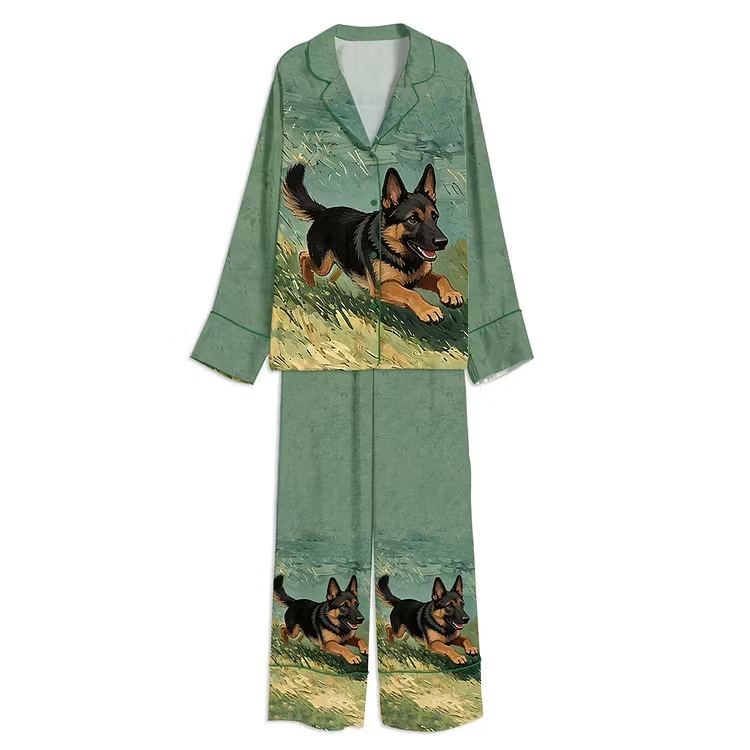 German Shepherd Dog Running In Grass Unisex Long Sleeve Silky Satin Pajama Set