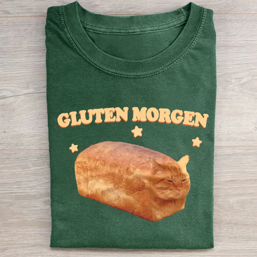 Gluten Wordplay Funny Cat Bread Graphic Washed Tee