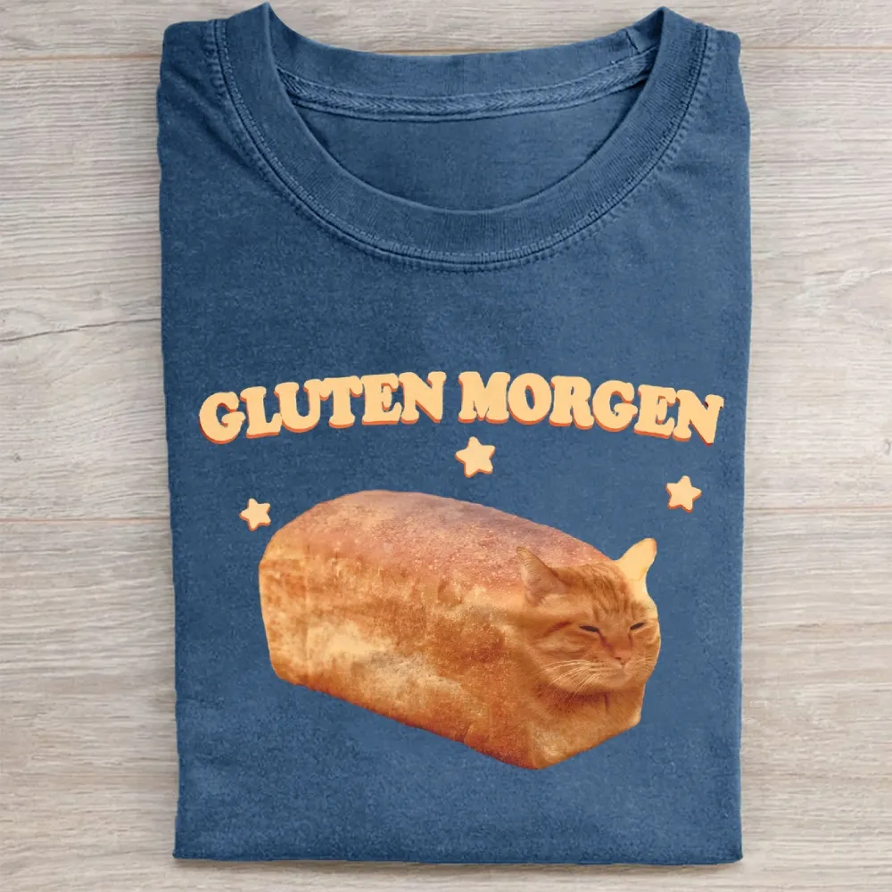 Gluten Wordplay Funny Cat Bread Graphic Washed Tee