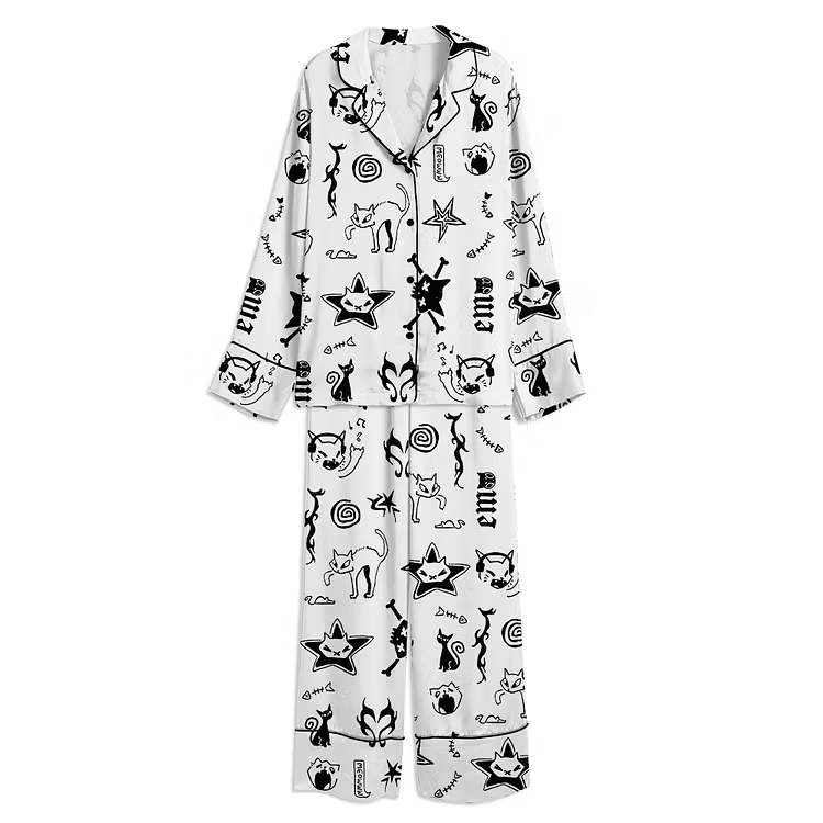 Gothic Punk Black Cat Print Unisex Long Sleeve Silky Satin Pajama Set