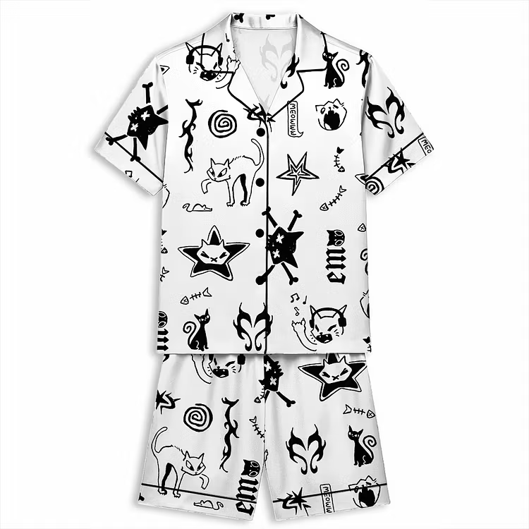 Gothic Punk Black Cat Print Unisex Short Sleeve Silky Satin Pajama Set