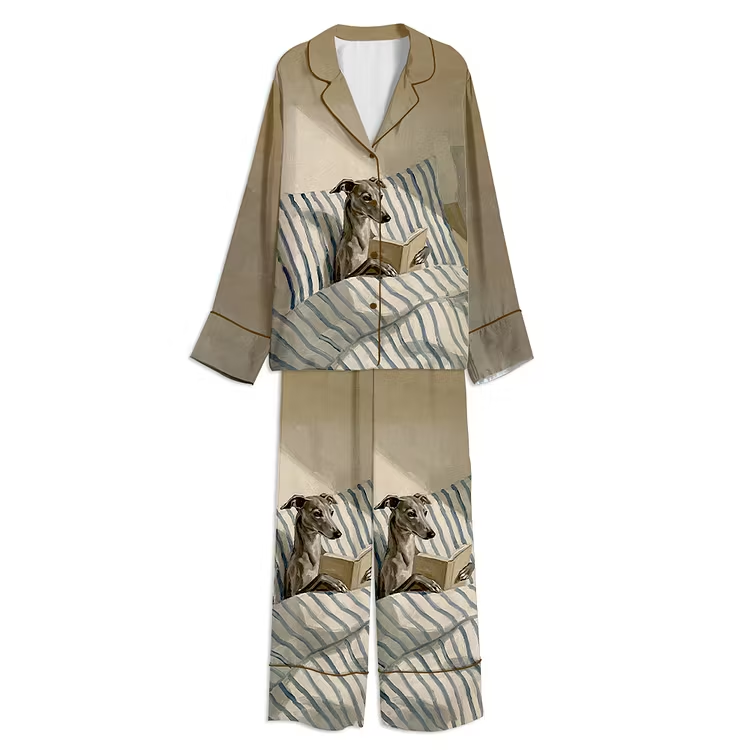 Greyhound Reading Unisex Long Sleeve Silky Satin Pajama Set