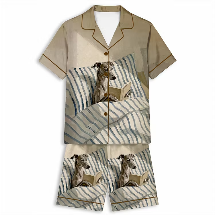 Greyhound Reading Unisex Short Sleeve Silky Satin Pajama Set