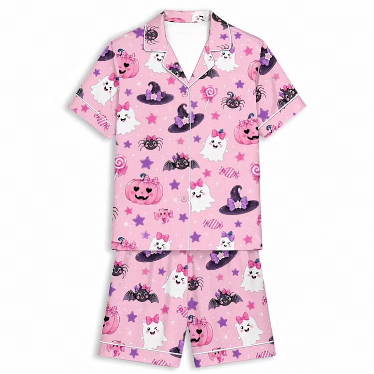 Halloween Candy Ghoul Party Pink Unisex Short Sleeve Silky Satin Pajama Set