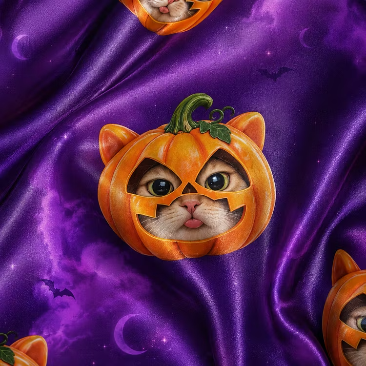 Halloween Cosmic Pumpkin Cat Purple Unisex Short Sleeve Silky Satin Pajama Set