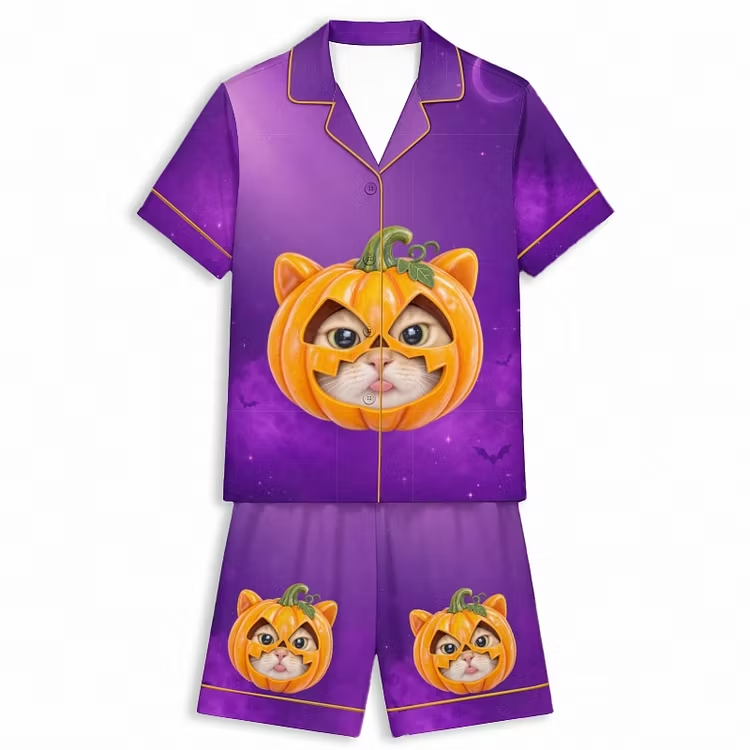 Halloween Cosmic Pumpkin Cat Purple Unisex Short Sleeve Silky Satin Pajama Set